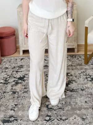 Linen Drawstring Waist Raw Edge Cargo Pants
