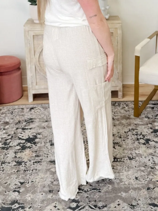 Linen Drawstring Waist Raw Edge Cargo Pants