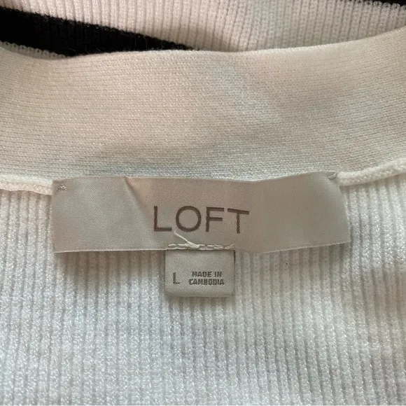Loft White and Black Striped Button Front Long Sleeve Cardigan Sweater