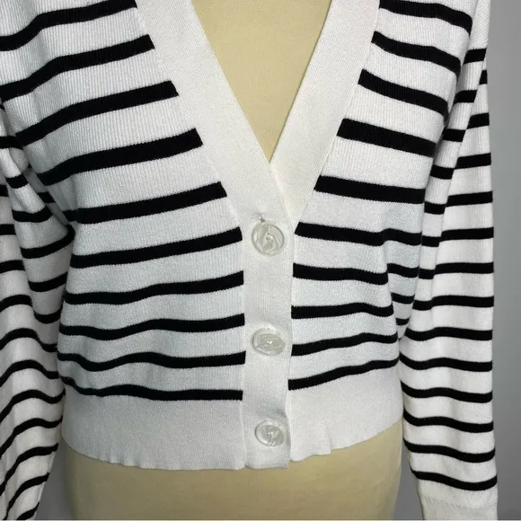 Loft White and Black Striped Button Front Long Sleeve Cardigan Sweater
