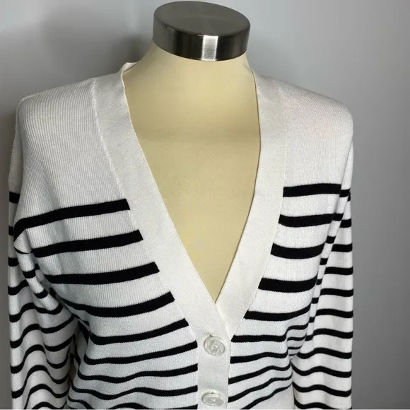 Loft White and Black Striped Button Front Long Sleeve Cardigan Sweater