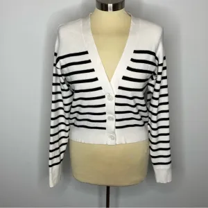 Loft White and Black Striped Button Front Long Sleeve Cardigan Sweater
