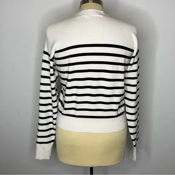 Loft White and Black Striped Button Front Long Sleeve Cardigan Sweater