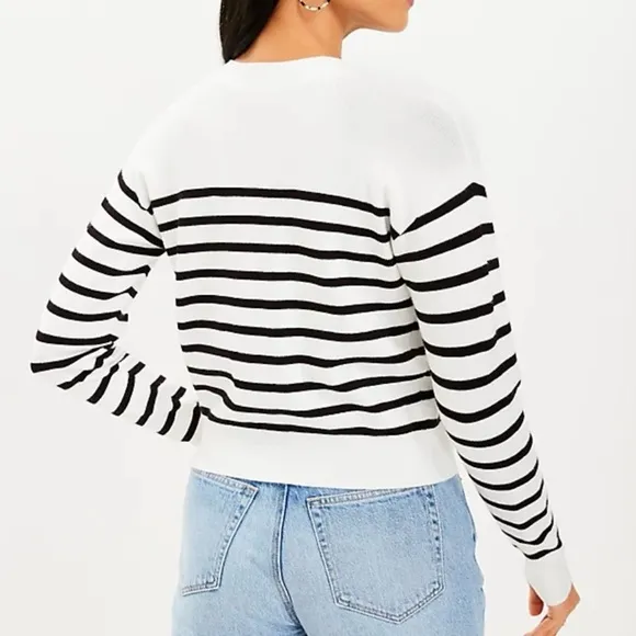 Loft White and Black Striped Button Front Long Sleeve Cardigan Sweater