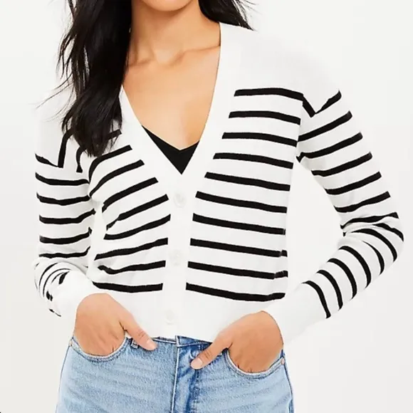 Loft White and Black Striped Button Front Long Sleeve Cardigan Sweater