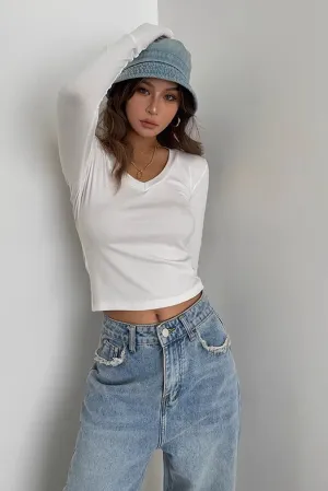Long Sleeve Wrap V Neck Ribbed Tank Tops Fitted Basic Shirt