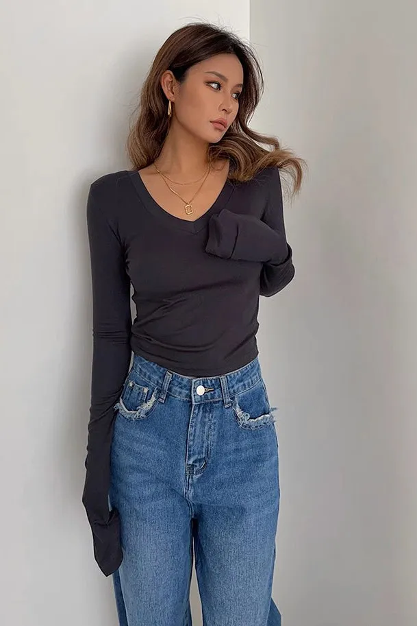 Long Sleeve Wrap V Neck Ribbed Tank Tops Fitted Basic Shirt