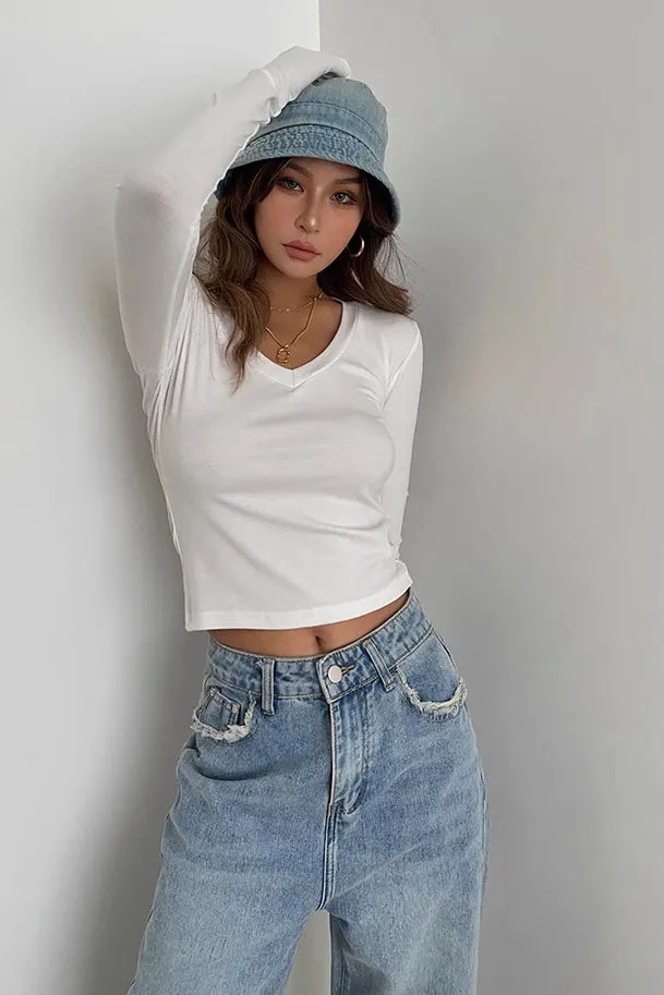 Long Sleeve Wrap V Neck Ribbed Tank Tops Fitted Basic Shirt