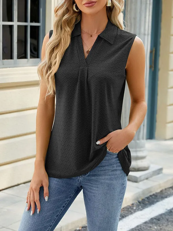 Loose Sleeveless Pleated Solid Color Split-Joint Lapel Vest Top