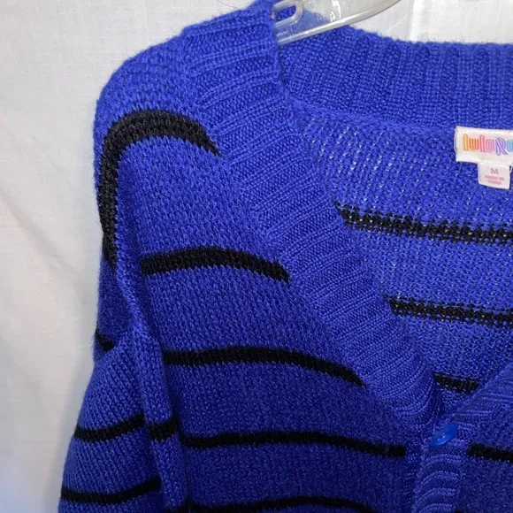 Lularoe Cardigan Sweater Women’s Size Medium Blue Striped Acrylic Pockets Button