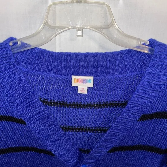 Lularoe Cardigan Sweater Women’s Size Medium Blue Striped Acrylic Pockets Button