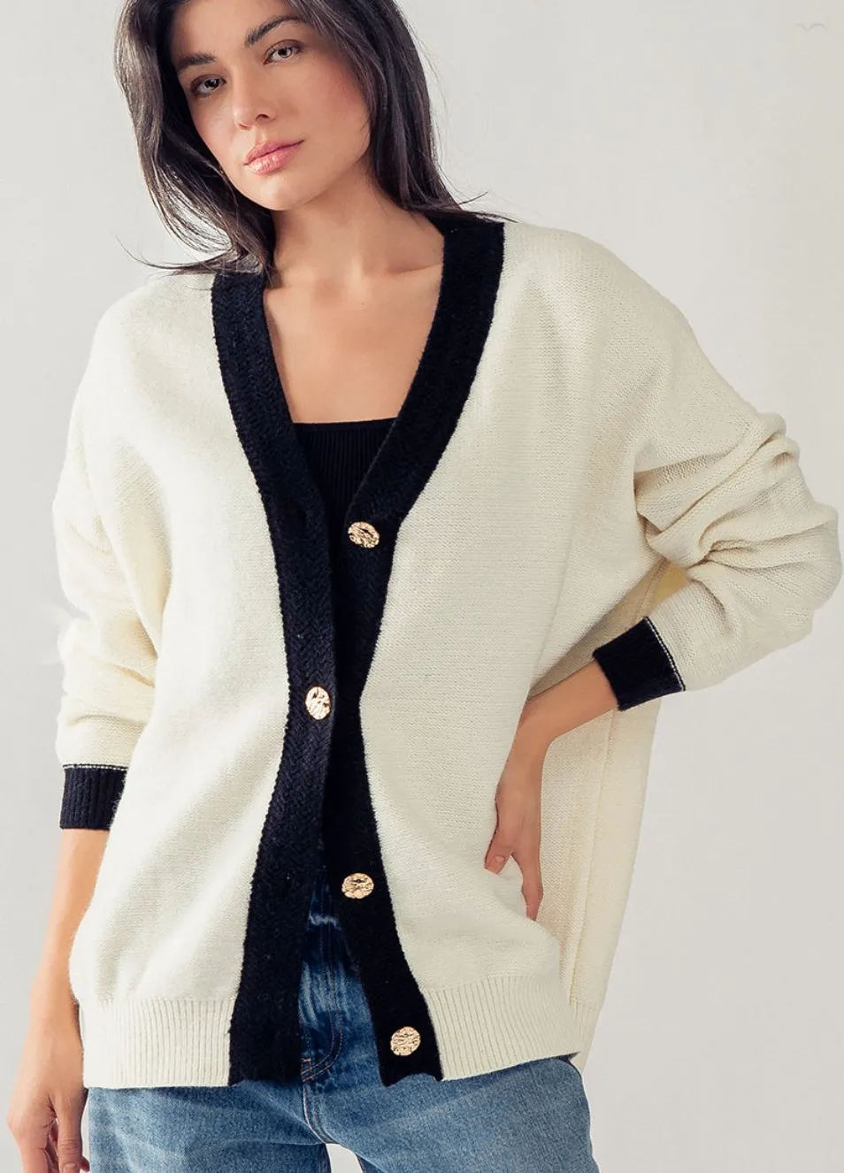 Luxe White Black Contrast Hem Cardigan