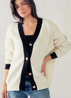 Luxe White Black Contrast Hem Cardigan