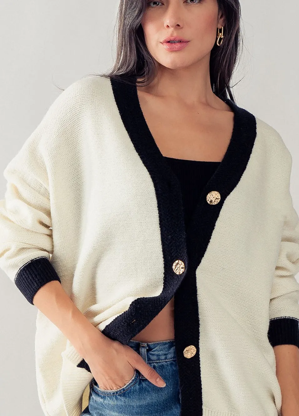 Luxe White Black Contrast Hem Cardigan