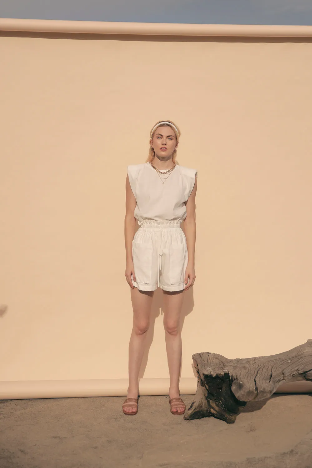 LYON SET Two Piece Paperbag Trouser Shorts with Front Pockets and Padded Sleeve Top (White Linen)