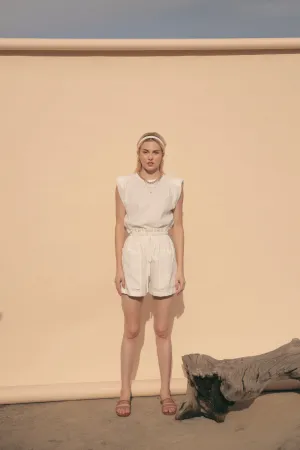 LYON SET Two Piece Paperbag Trouser Shorts with Front Pockets and Padded Sleeve Top (White Linen)