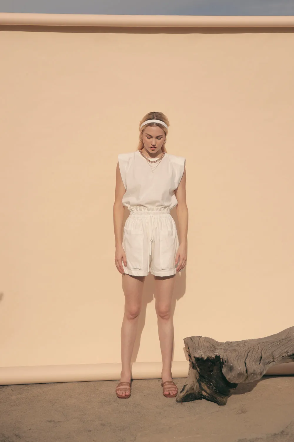 LYON SET Two Piece Paperbag Trouser Shorts with Front Pockets and Padded Sleeve Top (White Linen)