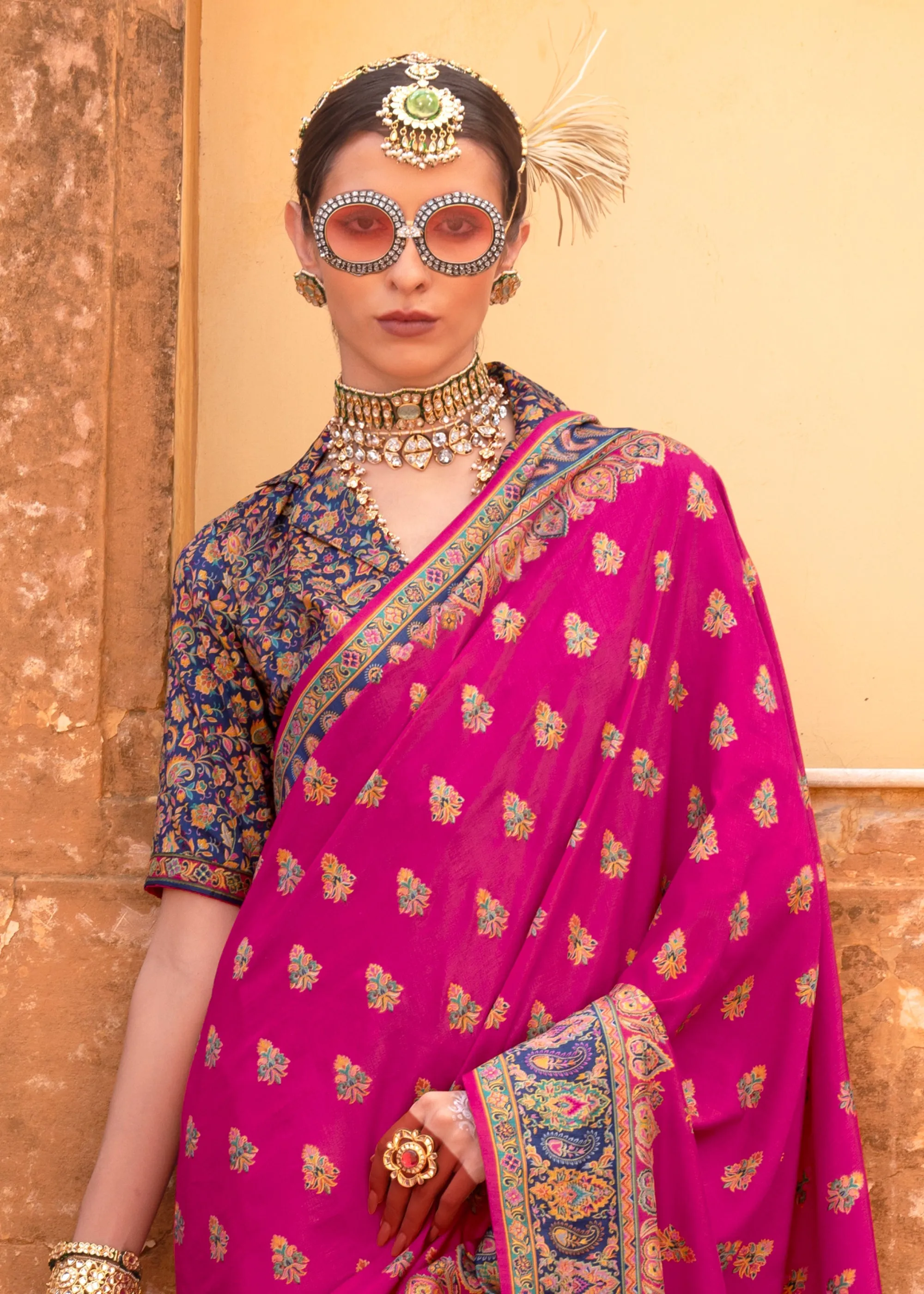 Magenta Pink Printed Kashmiri Jamewar Saree