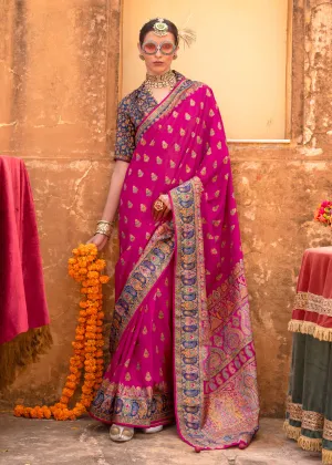 Magenta Pink Printed Kashmiri Jamewar Saree