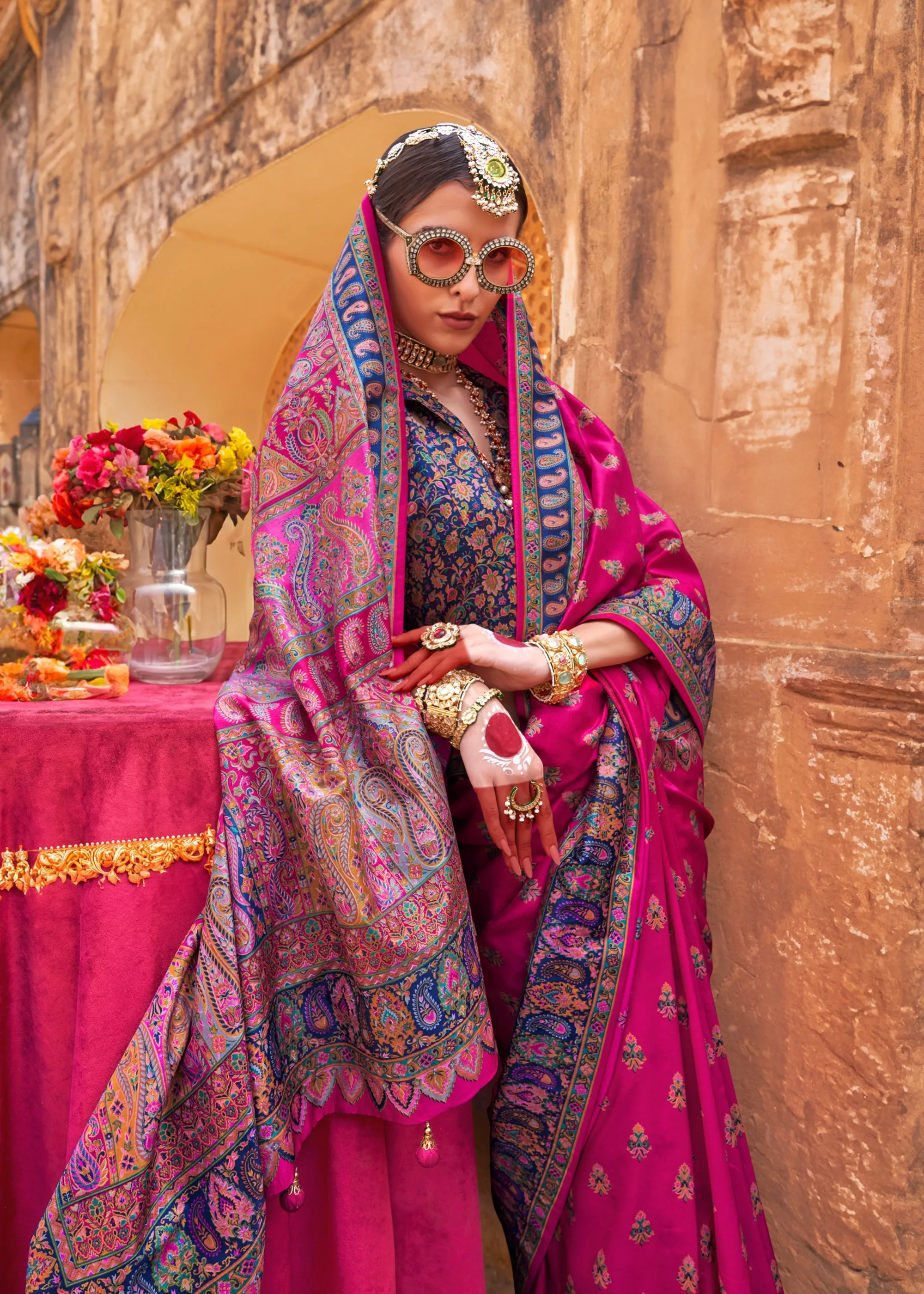 Magenta Pink Printed Kashmiri Jamewar Saree