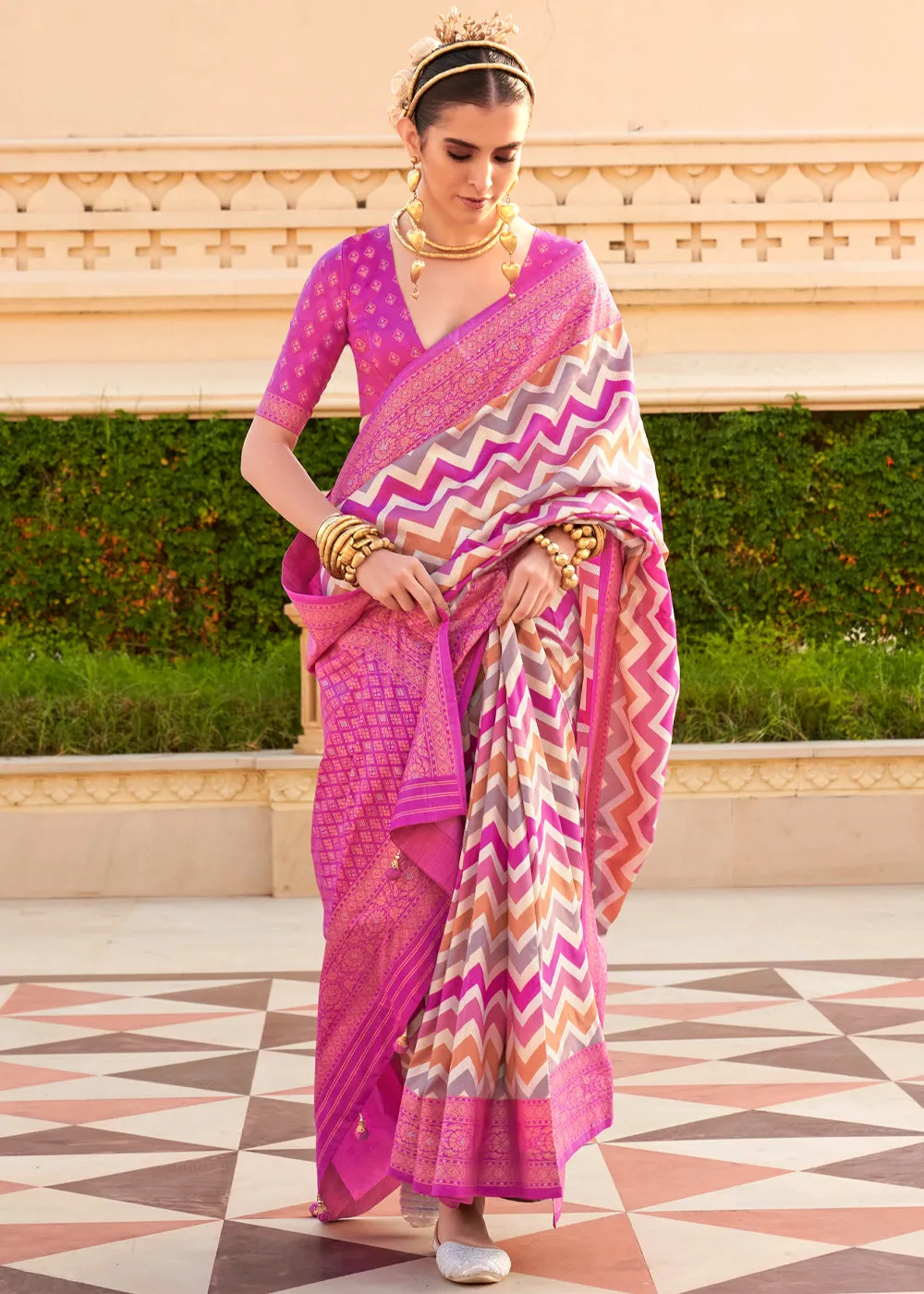 Magenta Pink Printed Soft Silk Saree