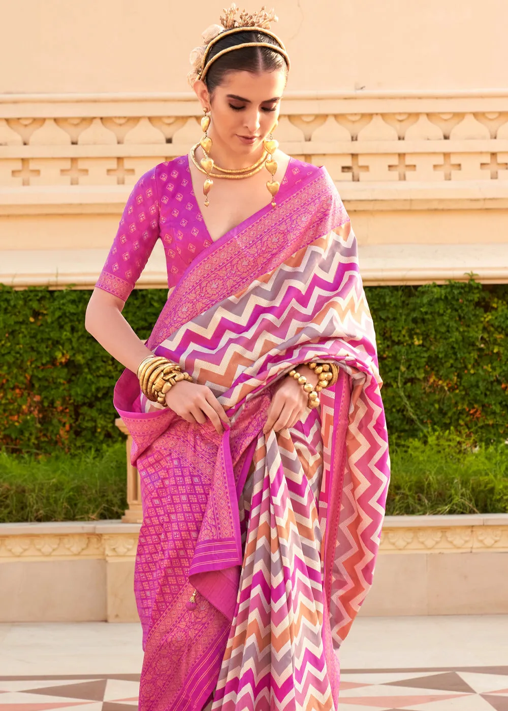 Magenta Pink Printed Soft Silk Saree