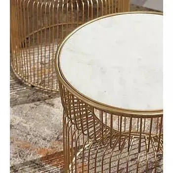 Marble Top Cage Accent Tables in Brushed Gold (Set of 2)