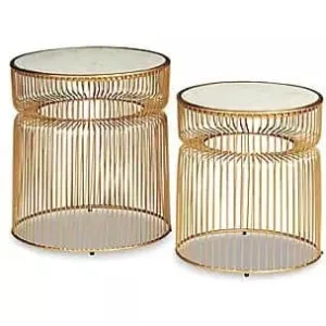 Marble Top Cage Accent Tables in Brushed Gold (Set of 2)