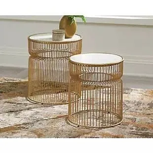 Marble Top Cage Accent Tables in Brushed Gold (Set of 2)