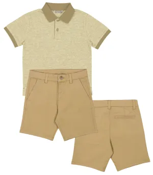 Mayoral 3105 Sand Short Sleeve Polo Shirt and Mayoral 202 Camel Twill Chino Shorts In Stock Now