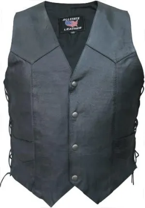 Mens Black Lighweight Leather Side Laced Motorcycle Vest