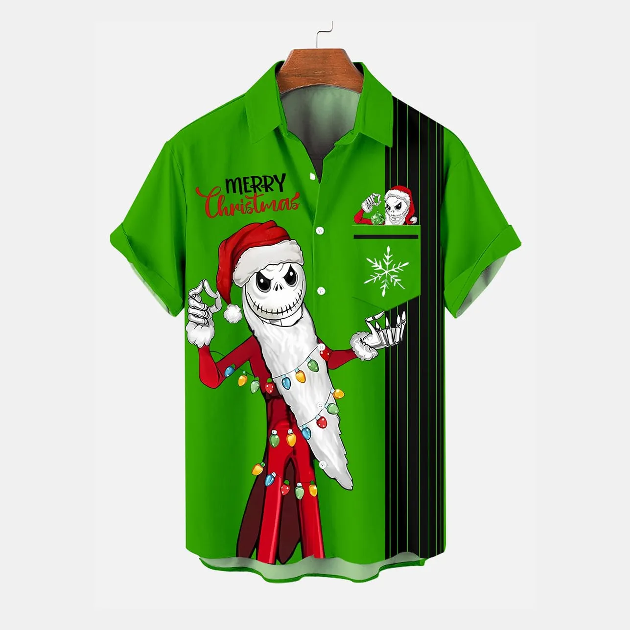 Men's Christmas Skull Jack Contrast Striped Short Sleeve Shirt