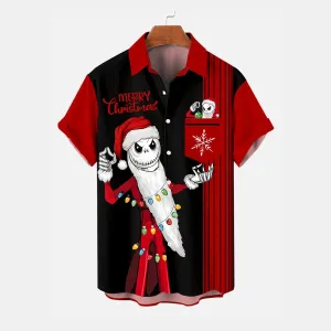 Men's Christmas Skull Jack Contrast Striped Short Sleeve Shirt