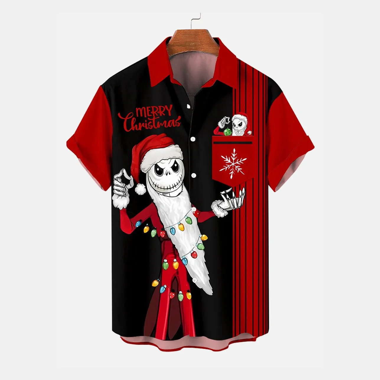Men's Christmas Skull Jack Contrast Striped Short Sleeve Shirt