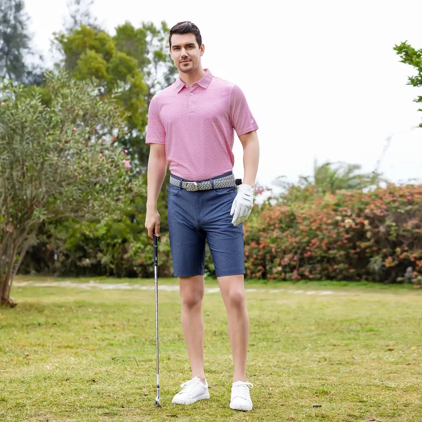 Mens Golf Shirt Moisture Wicking Dry Fit Performance Sport Short Sleeve Striped Golf Polo Shirts for Men Orange Stripe Large