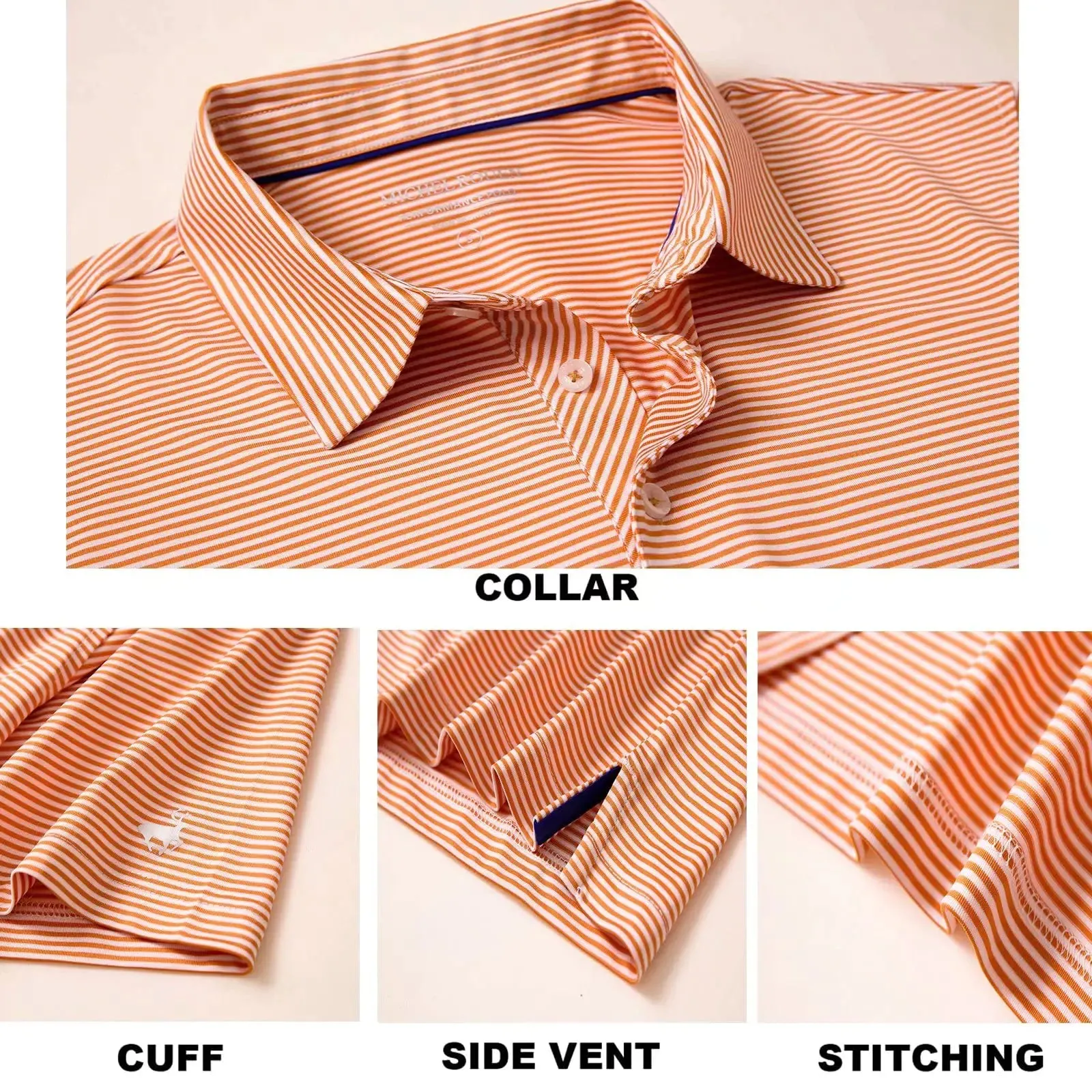 Mens Golf Shirt Moisture Wicking Dry Fit Performance Sport Short Sleeve Striped Golf Polo Shirts for Men Orange Stripe Large