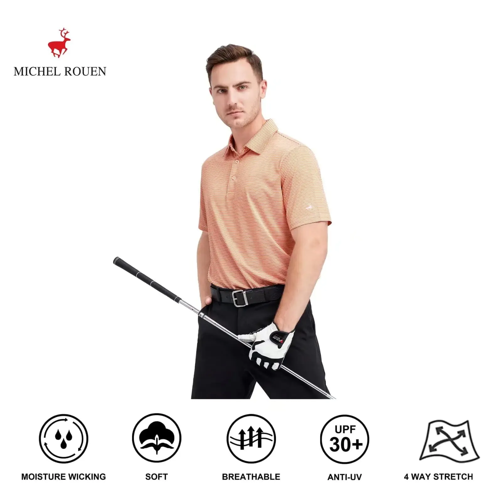 Mens Golf Shirt Moisture Wicking Dry Fit Performance Sport Short Sleeve Striped Golf Polo Shirts for Men Orange Stripe Large