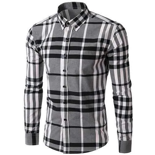 Men's Slimming Long Sleeves Plaid Turn Down Collar Shirt - Gray M