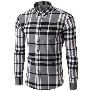 Men's Slimming Long Sleeves Plaid Turn Down Collar Shirt - Gray M