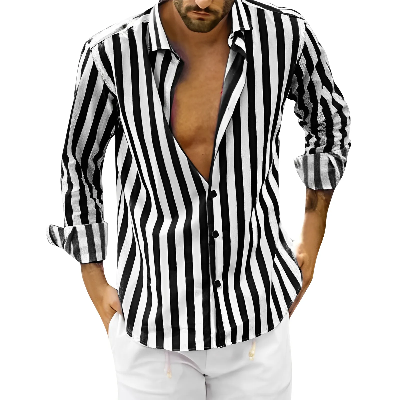 Men's Striped Button-Down Shirt with Vertical Lines