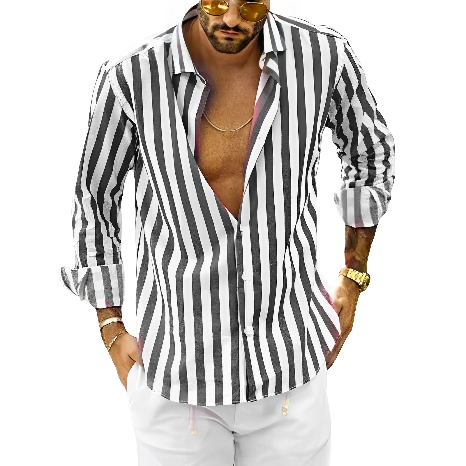 Men's Striped Button-Down Shirt with Vertical Lines