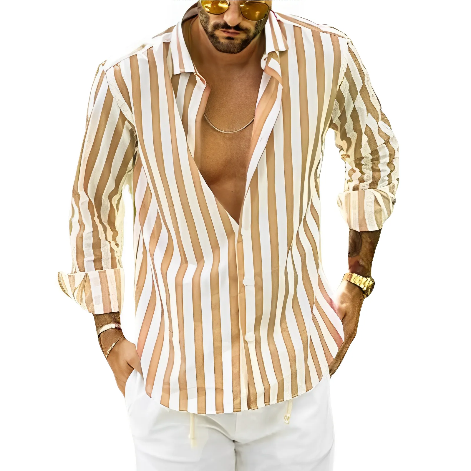 Men's Striped Button-Down Shirt with Vertical Lines