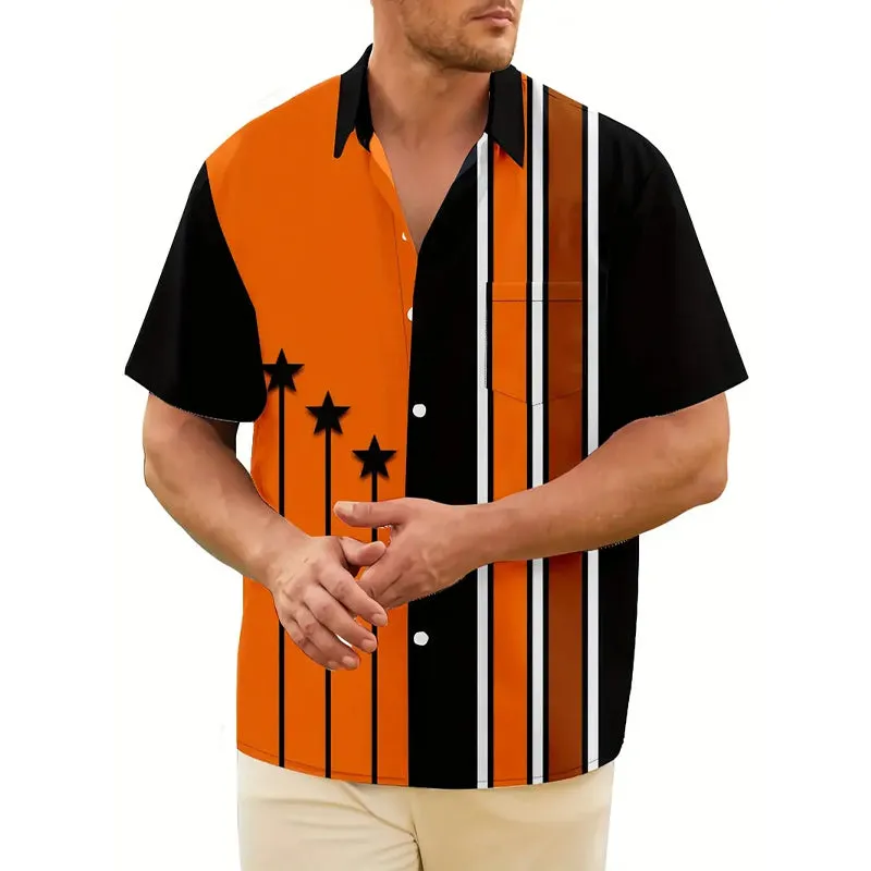 Men's striped contrasting printed casual short-sleeved shirt