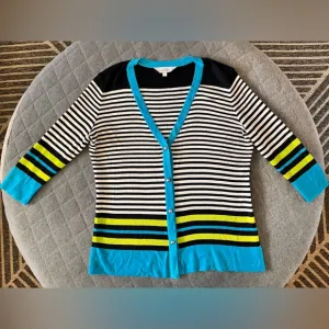 MISOOK Med Black &amp; White Striped V Neck Button Down 3/4 Sleeve Cardigan Orig$250