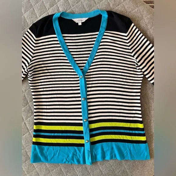 MISOOK Med Black &amp; White Striped V Neck Button Down 3/4 Sleeve Cardigan Orig$250