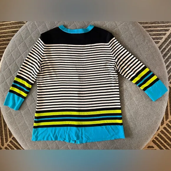 MISOOK Med Black &amp; White Striped V Neck Button Down 3/4 Sleeve Cardigan Orig$250