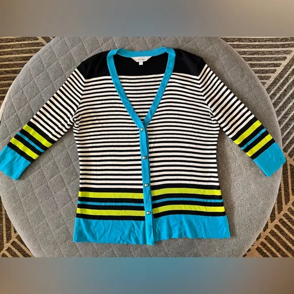 MISOOK Med Black &amp; White Striped V Neck Button Down 3/4 Sleeve Cardigan Orig$250