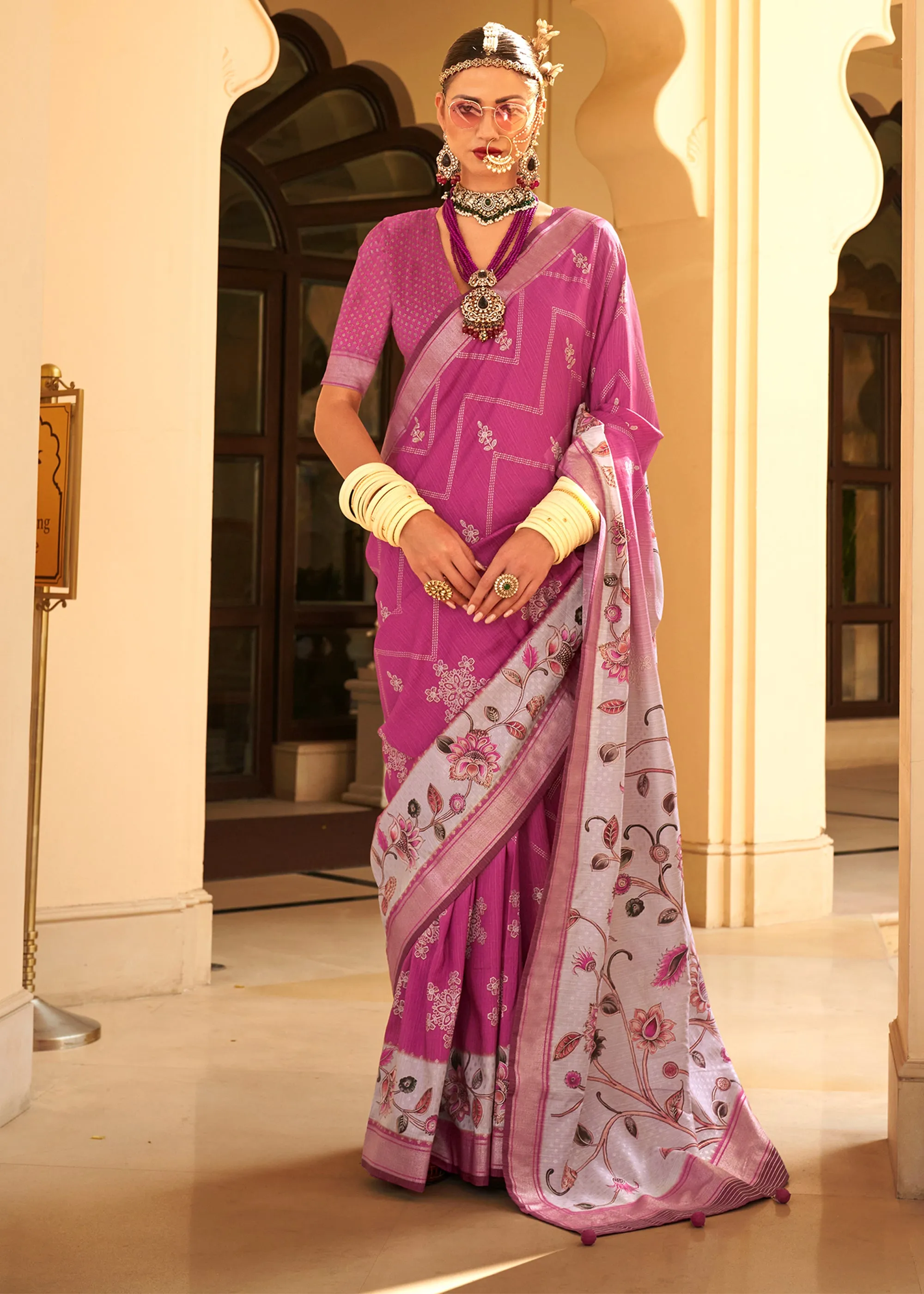 Mulberry Pink Floral Printed Cotton Linen Saree