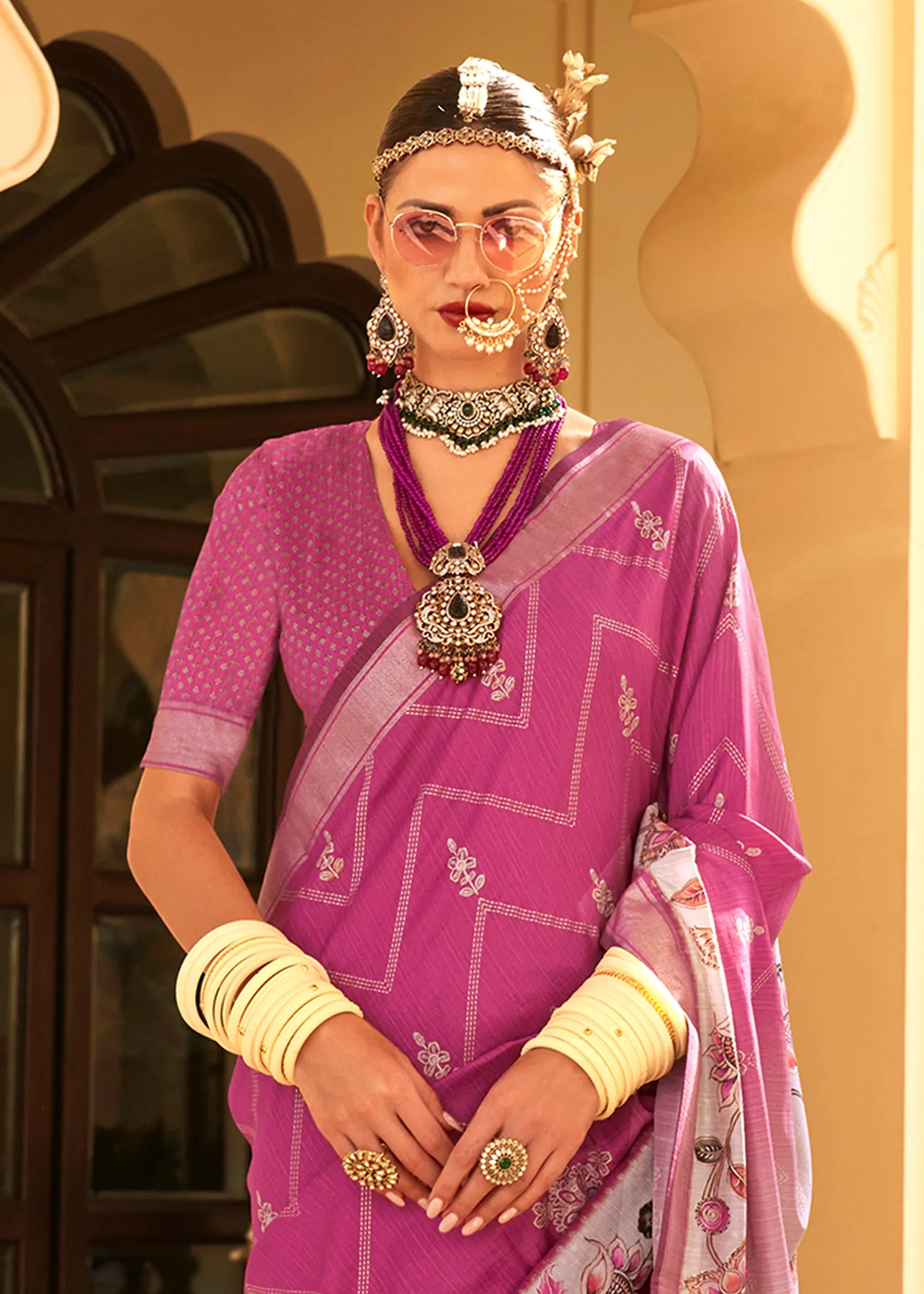 Mulberry Pink Floral Printed Cotton Linen Saree