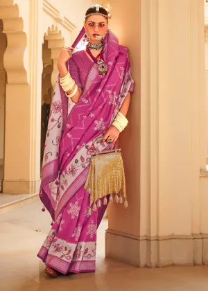 Mulberry Pink Floral Printed Cotton Linen Saree